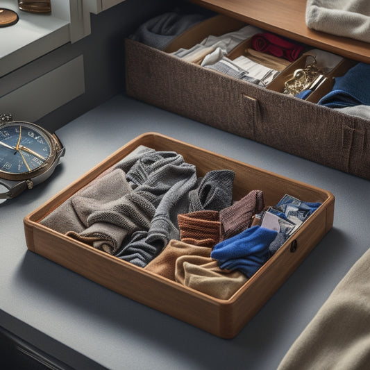 A messy drawer cluttered with tangled belts, crumpled socks, and scattered change, contrasted with an organized drawer featuring neatly folded clothes, stacked boxes, and a single, sleek watch.