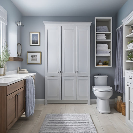 A serene, well-lit bathroom with a wheelchair-accessible vanity, featuring a wall-mounted, sliding-door cabinet, a recessed medicine cabinet, and a floor-to-ceiling storage unit with pull-out shelves and baskets.