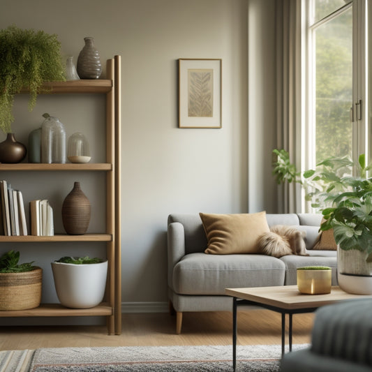 A serene, well-lit living room with a minimalist aesthetic, featuring a tidy bookshelf, a few carefully placed decorative objects, and a subtle hint of natural greenery in the background.