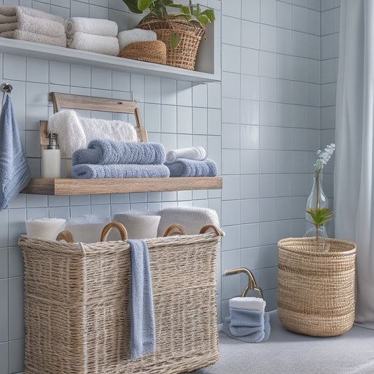 A serene bathroom with a wall-mounted shelf featuring three woven baskets in graduated sizes, a decorative vase, and a rolled towel, surrounded by a calming blue-gray color scheme and soft, natural light.
