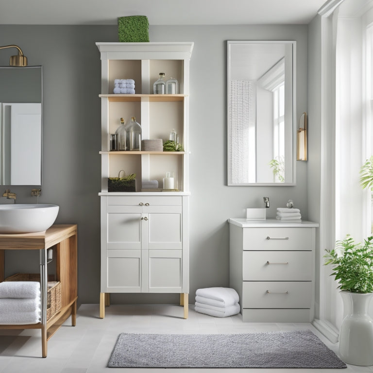 A serene, minimalist bathroom with a wall-mounted, ladder-like shelving unit holding rolled towels, a recessed medicine cabinet with mirrored door, and a pedestal sink with a slide-out storage drawer.