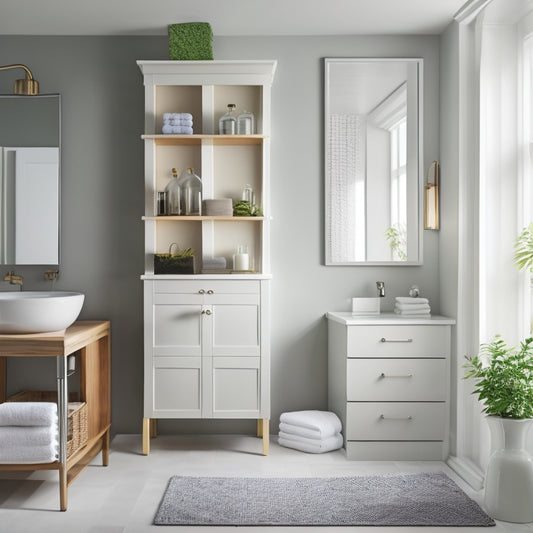 A serene, minimalist bathroom with a wall-mounted, ladder-like shelving unit holding rolled towels, a recessed medicine cabinet with mirrored door, and a pedestal sink with a slide-out storage drawer.