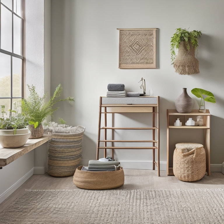 A serene, clutter-free room with a plush area rug, featuring a woven storage basket beneath a minimalist desk, a macrame wall hanging with pockets, and a woven ladder shelving unit against a natural stone wall.