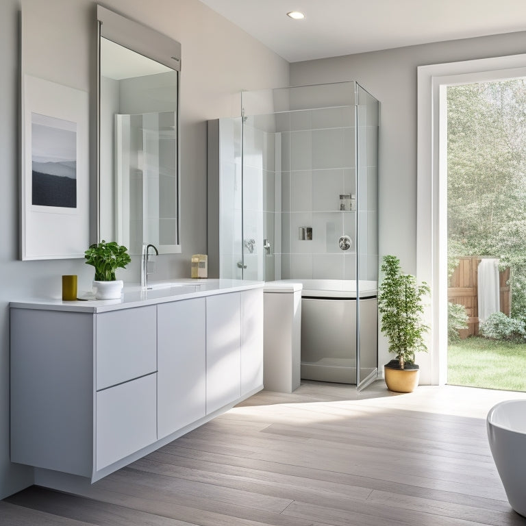 A serene, modern bathroom featuring a sleek, floor-to-ceiling cabinet with frosted glass doors, surrounded by crisp white walls, soft gray flooring, and a freestanding tub under a large skylight.