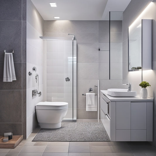 A sleek, minimalist bathroom with a freestanding tub, rainfall showerhead, and LED-lit mirror, surrounded by large format tiles, a floating vanity, and a wall-mounted toilet.