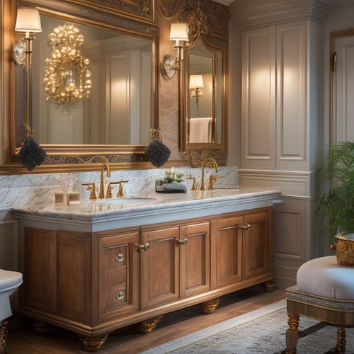 A luxurious bathroom with marble countertops, featuring a custom-built vanity with soft-close drawers in a warm wood tone, adorned with ornate metal handles and surrounded by elegant LED lighting.