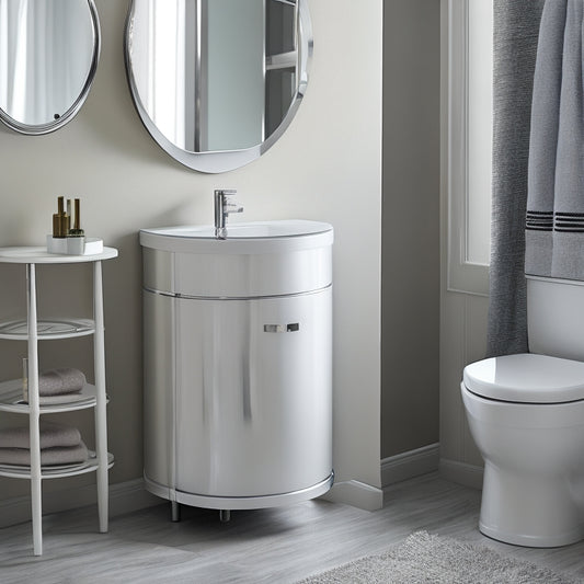 A modern, sleek bathroom with a small, rounded, chrome-finished rotating storage unit (approx. 30 inches tall) in the corner, with multiple tiers and a soft-close drawer.