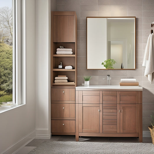 A sleek, modern bathroom with a wall-mounted cabinet featuring frosted glass doors, a recessed medicine cabinet, and a freestanding storage ottoman with a woven rattan exterior and a lift-top lid.