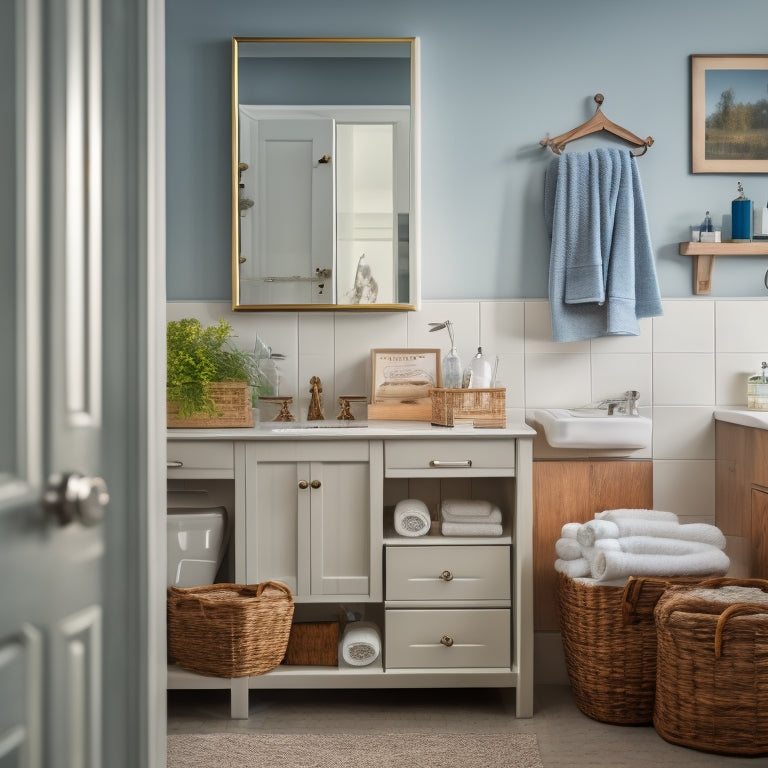 A serene, well-lit bathroom with a tidy cabinet featuring labeled baskets, a magnifying mirror, and a pill organizer, surrounded by minimal decor and a walker in the corner, evoking a sense of independence.