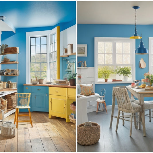 A bright, sunny room with a before-and-after split screen: cluttered, dark space on the left, and a transformed, airy, coastal-themed space on the right, with a ladder, paint cans, and DIY tools scattered around.