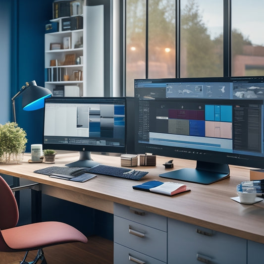 A modern, sleek, and organized workspace with a large, open laptop displaying a cabinet spec worksheet on its screen, surrounded by architectural blueprints and color swatches.