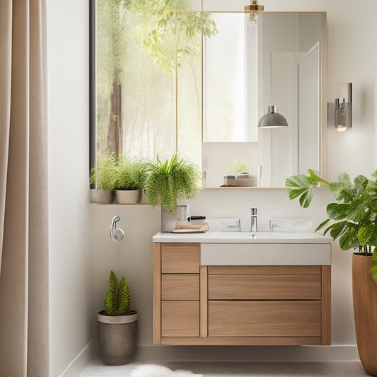 A sleek, modern vanity unit with integrated storage, set in a cozy small bathroom. Soft natural light filters through a frosted window, illuminating stylish fixtures, potted greenery, and elegant decor against a minimalist backdrop.