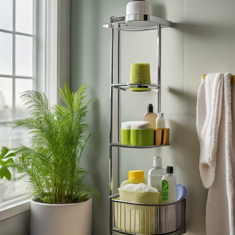 A stylish shower caddy overflowing with colorful toiletries, suspended from a sleek showerhead in a cozy, minimalist bathroom, surrounded by steam, with a vibrant green plant peeking from a corner for a fresh touch.