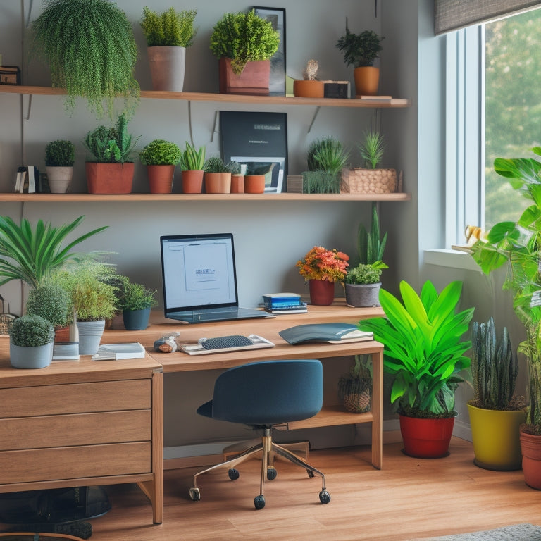 A tidy, well-lit office space with a polished wooden desk, a sleek laptop, and a few potted plants, surrounded by organized shelves and a minimalist whiteboard with colorful sticky notes.