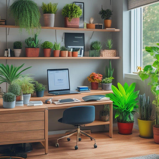A tidy, well-lit office space with a polished wooden desk, a sleek laptop, and a few potted plants, surrounded by organized shelves and a minimalist whiteboard with colorful sticky notes.