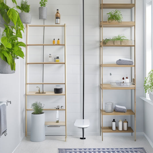 A sleek, minimalist bathroom featuring floating shelves with neatly organized toiletries, a stylish ladder for towels, a compact vanity with under-sink baskets, and a decorative ladder shelf filled with plants and candles.
