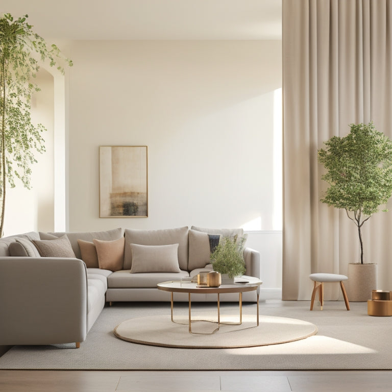 A minimalist, serene living space with a compact sofa, a floor-to-ceiling storage unit, and a small, round coffee table with a single, elegant vase, surrounded by plenty of natural light.