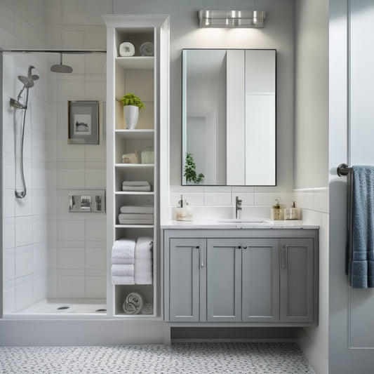 A sleek, modern bathroom with a wall-mounted cabinet featuring glass doors, adjacent to a recessed medicine cabinet and a towel rack, surrounded by calming gray and white tiles.