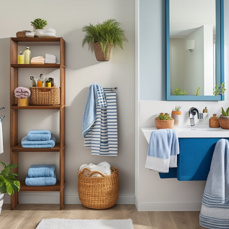 A modern bathroom featuring sleek wall-mounted shelves filled with colorful towels, stylish baskets, and decorative jars, alongside a minimalist mirror and potted plants, showcasing organized storage solutions for a family-friendly space.