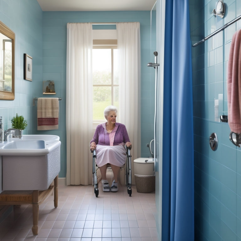 A serene bathroom scene featuring a senior citizen, with a gentle smile, grasping a horizontal grab bar mounted on a tiled wall, with a walker nearby, and a roll-in shower in the background.