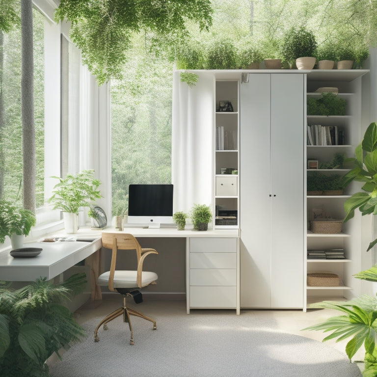 A serene, minimalist room with a Murphy bed, a compact desk, and a floor-to-ceiling shelving unit, all in calming whites and woods, surrounded by lush green plants and natural light.