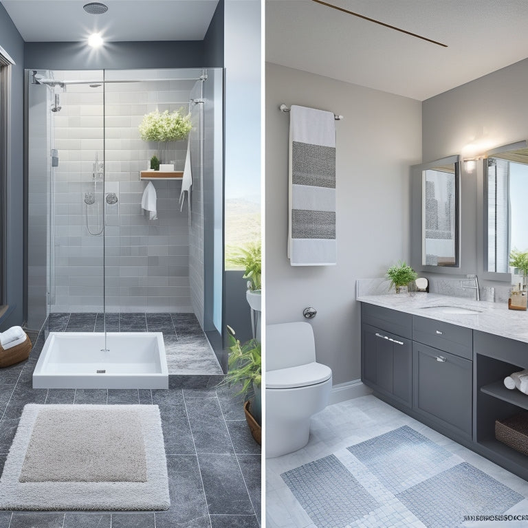 A modern, sleek bathroom with a large walk-in shower, freestanding tub, and double sink vanity, surrounded by 3D design plans and a laptop with Planner 5D open on the screen.