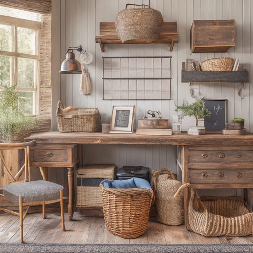 A clutter-free farmhouse office with a reclaimed wood desk, surrounded by vintage metal filing cabinets, woven baskets, and a large chalkboard calendar on a rustic wooden wall.