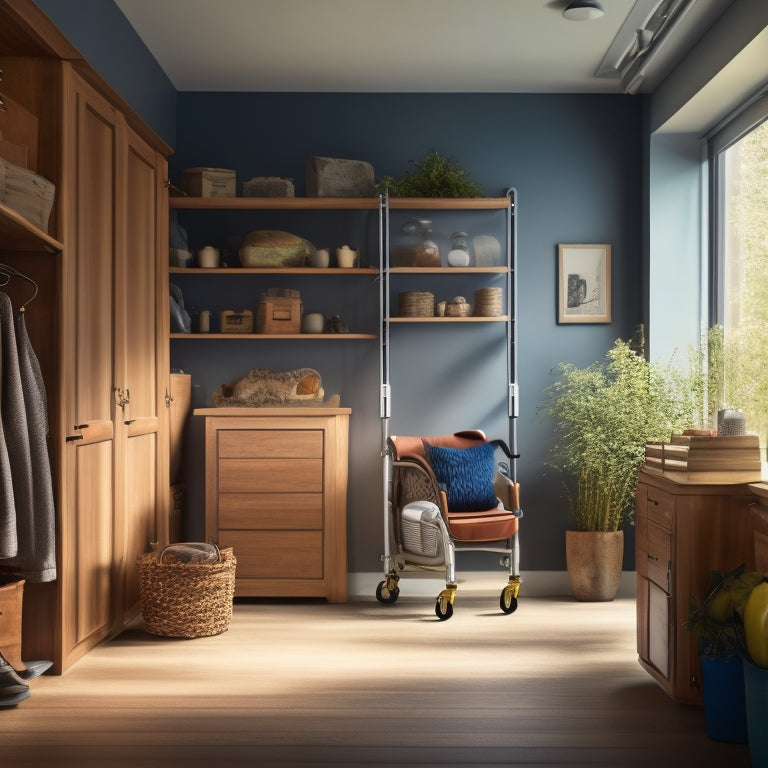 A serene, well-lit storage room with wooden shelves, ramps, and grab bars, featuring a wheelchair-accessible path, a walker, and a few assistive devices, surrounded by calming colors and natural light.