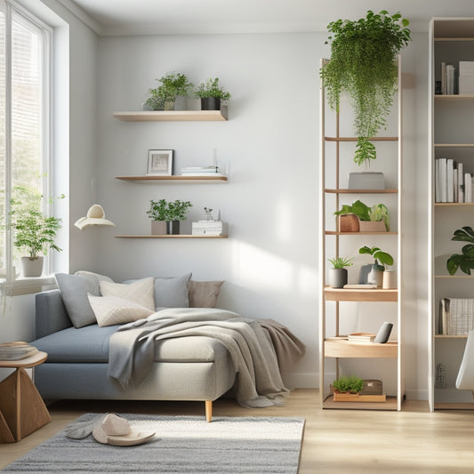 A tidy, minimalist apartment with a Murphy bed, storage ottoman, and ladder bookshelf, featuring a neutral color palette, natural light, and a few potted plants.