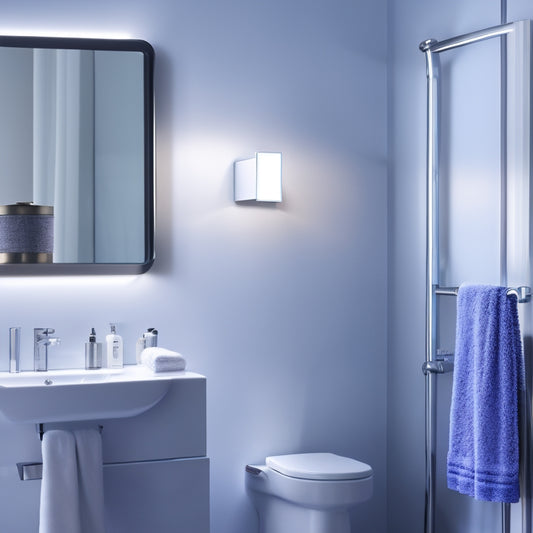 A bathroom wall with a silver heated towel rail, a white ceramic soap dispenser, a chrome toilet paper holder, and a rectangular mirror with a LED light strip above, on a light gray background.