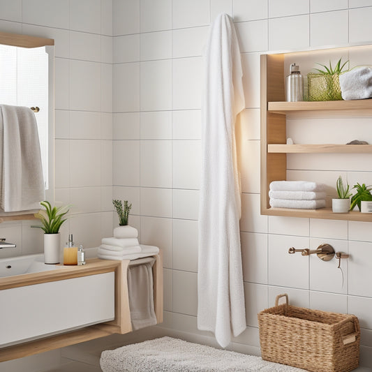 A modern bathroom with a white wall, featuring a wooden shelf with three woven baskets, a chrome towel rack, and a rectangular mirror with a built-in LED light strip.
