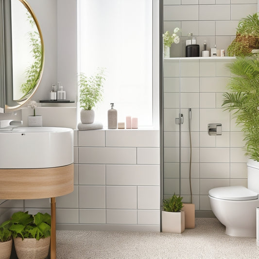 A sleek, contemporary bathroom with a circular rotating storage unit displaying neatly organized toiletries, towels, and plants. Soft natural light filters through a frosted window, highlighting elegant tiles and minimalist decor.