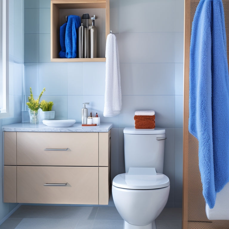 A modern bathroom with a sleek sink, a shower caddy holding a loofah and body wash, a toilet brush, and a nearby storage cabinet with a towel and toilet paper roll.