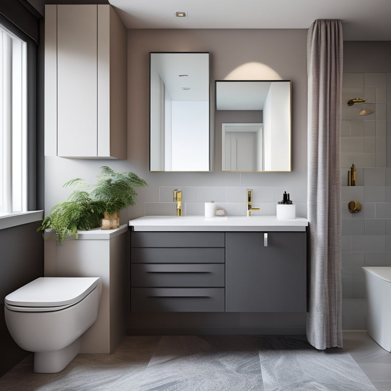 A modern bathroom with a wall-mounted cabinet featuring soft-close drawers in varying sizes, surrounded by sleek countertops, a large mirror, and a freestanding tub.