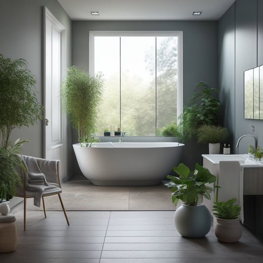 A serene, modern bathroom with a freestanding tub, surrounded by sleek, gray walls and floor, illuminated by soft, warm lighting and adorned with lush, green plants.