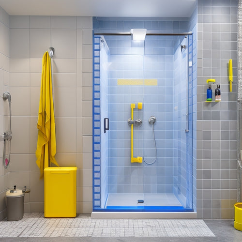 A bright, modern shower room with a partially installed wall, showcasing measuring tape, spirit level, and tiles, surrounded by construction tools and materials, with a subtle hint of water droplets on the surface.