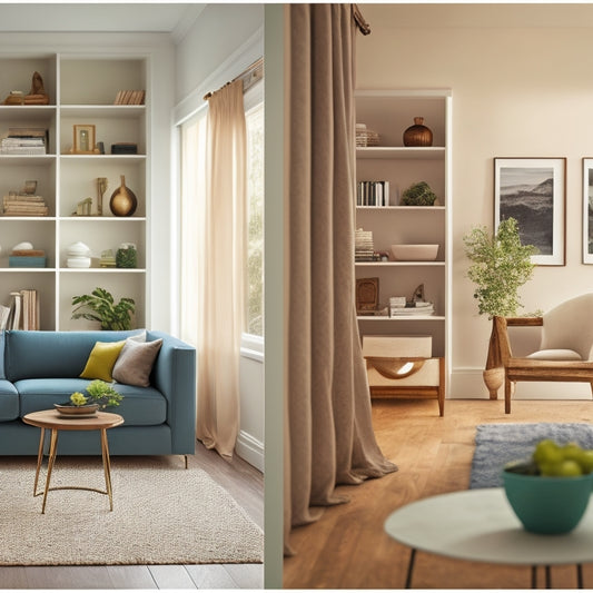 A serene, minimalist living room with a few, carefully placed decorative items, a tidy bookshelf, and a subtle before-and-after split screen effect showcasing cluttered space transforming into organized bliss.