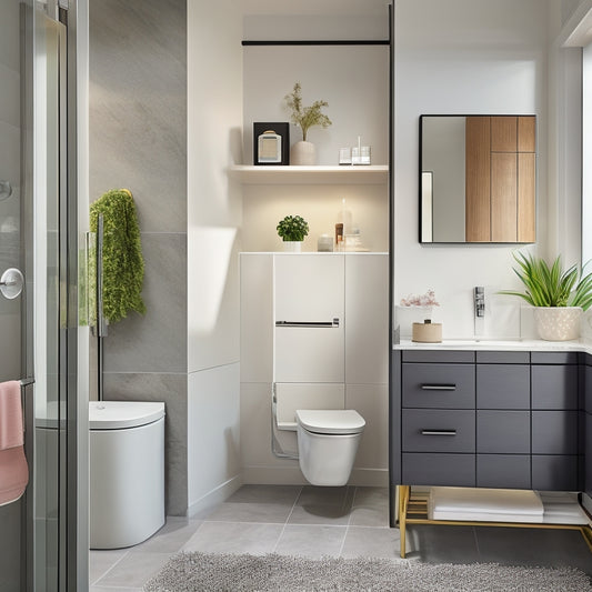 A sleek, compact bathroom showcasing multifunctional furniture: a wall-mounted vanity with integrated storage, a corner shower with glass doors, and a foldable stool, all surrounded by soft, ambient lighting and modern decor elements.