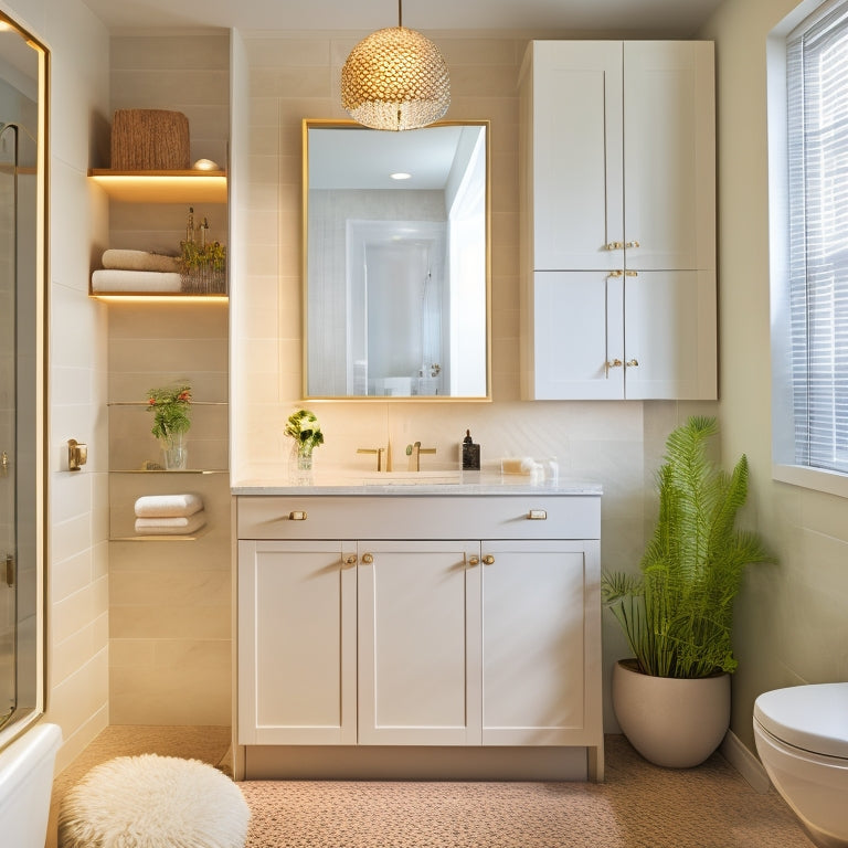 A modern bathroom with a wall-mounted cabinet featuring a mirrored door, a recessed medicine cabinet, and a pedestal sink with a slide-out storage drawer underneath, surrounded by neutral-toned tiles and soft lighting.