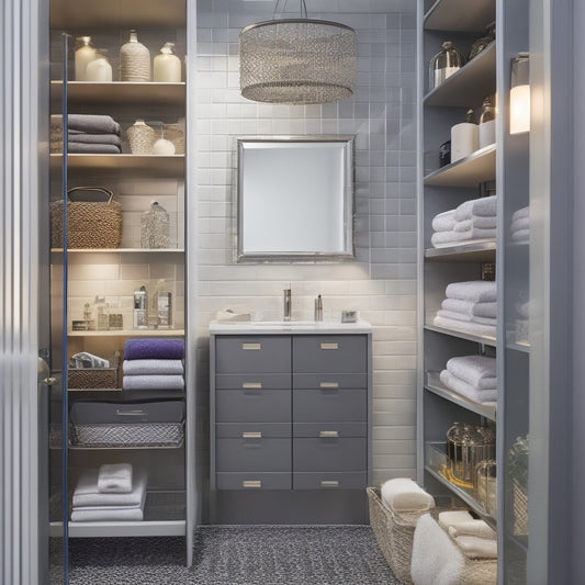 A modern bathroom closet with sleek, floor-to-ceiling glass shelves, illuminated by soft LED lights, and featuring a mix of woven baskets, metallic storage bins, and ornate mirrors, set against a calming gray background.