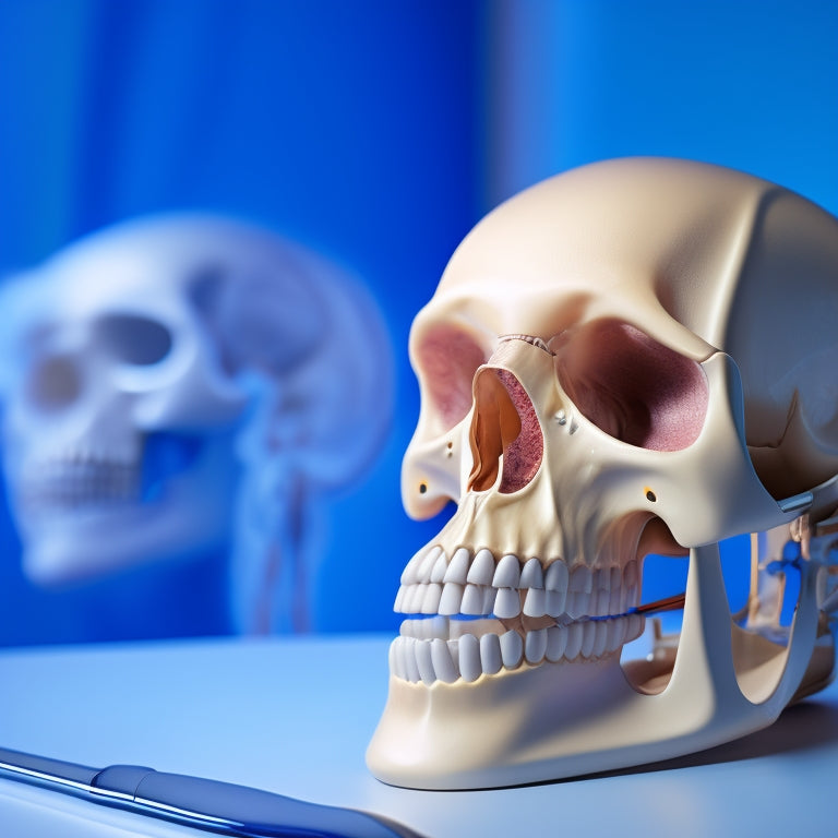 An illustration of a 3D skeletal model with a highlighted jawbone area, showcasing a successful bone grafting procedure with sutures, surrounded by subtle medical equipment silhouettes in the background.