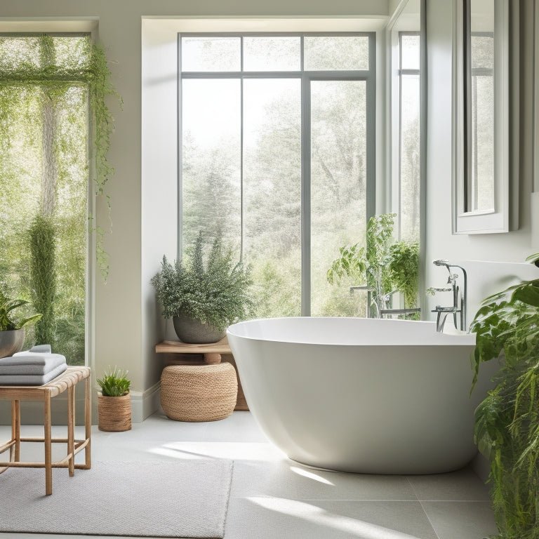 A serene bathroom scene featuring a freestanding tub, surrounded by lush greenery, with a floor-to-ceiling window, soft lighting, and a minimalist vanity against a calming neutral-colored wall.