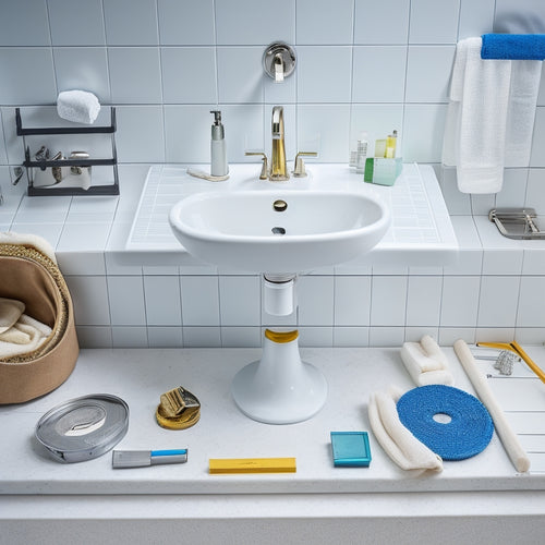 A bathroom sink stand with a semi-recessed basin, installed on a white countertop, surrounded by tools and materials, with a few screws and bolts scattered around, and a measuring tape lying on the floor.