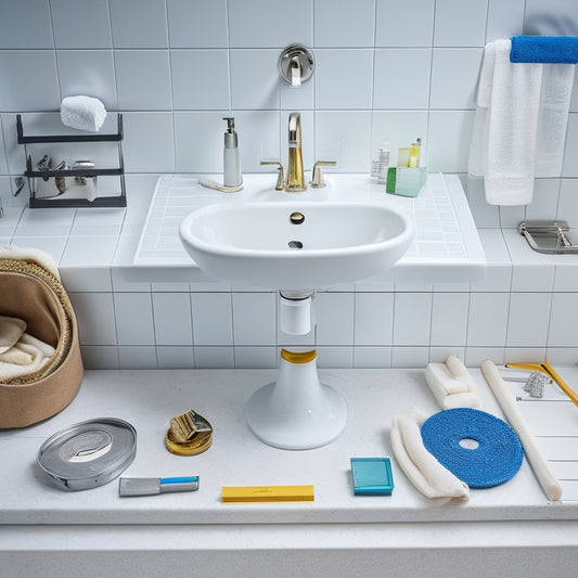 A bathroom sink stand with a semi-recessed basin, installed on a white countertop, surrounded by tools and materials, with a few screws and bolts scattered around, and a measuring tape lying on the floor.