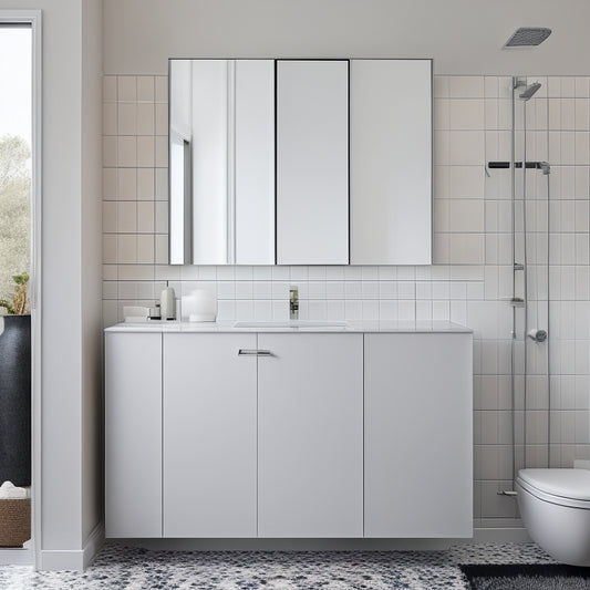 A sleek, wall-mounted cabinet with sliding mirrored doors, surrounded by a minimalist white bathroom with a freestanding tub, modern sink, and a geometric-patterned floor.