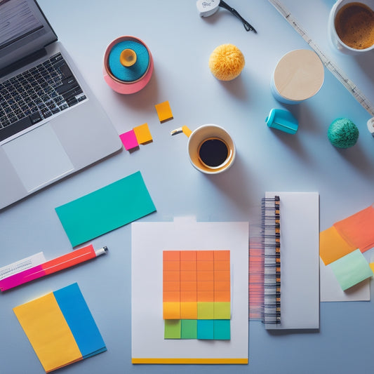 A minimalist illustration featuring a creative workspace with a laptop, notebook, and coffee cup, surrounded by colorful sticky notes, diagrams, and a subtle background of coding lines and charts.