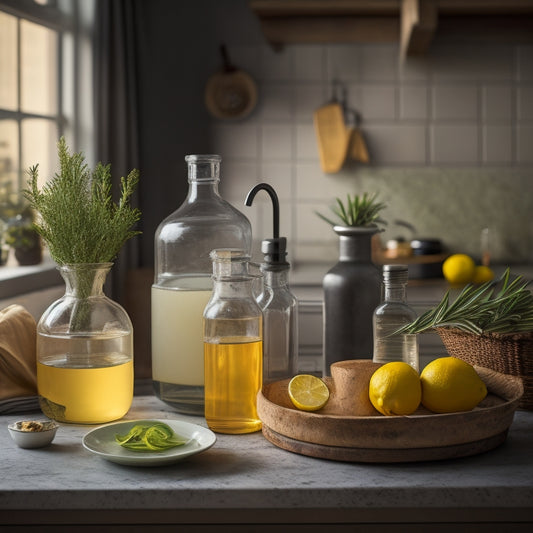 A cozy, well-lit kitchen counter with a few empty glass jars, a bowl of lemons, a bag of baking soda, a bottle of white vinegar, and a few sprigs of fresh rosemary.