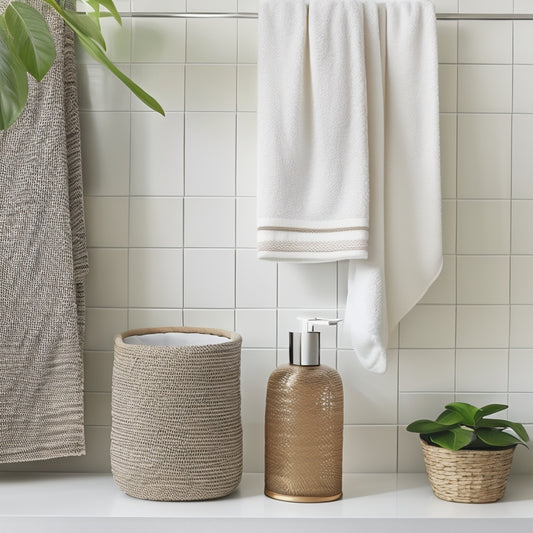 A serene, minimalist bathroom with a few, carefully-placed essentials: a small woven basket holding a few rolled towels, a simple soap dispenser, and a single, lush green plant on a sleek countertop.