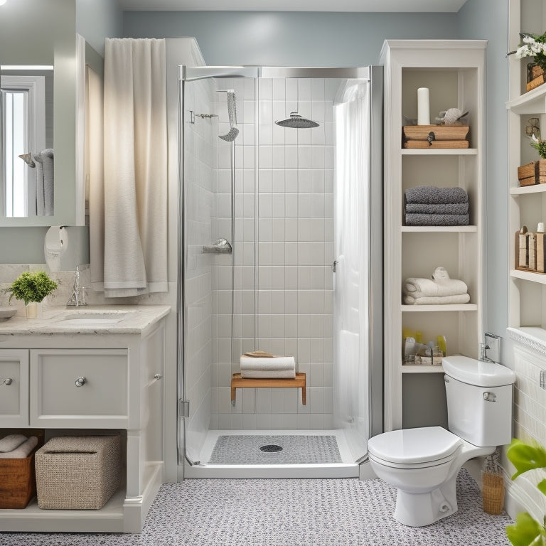 A serene, well-lit bathroom with a walk-in shower, grab bars, and a shower seat. A sturdy, adjustable shower caddy holds a few bath essentials, while a nearby storage cabinet has open shelves and baskets.