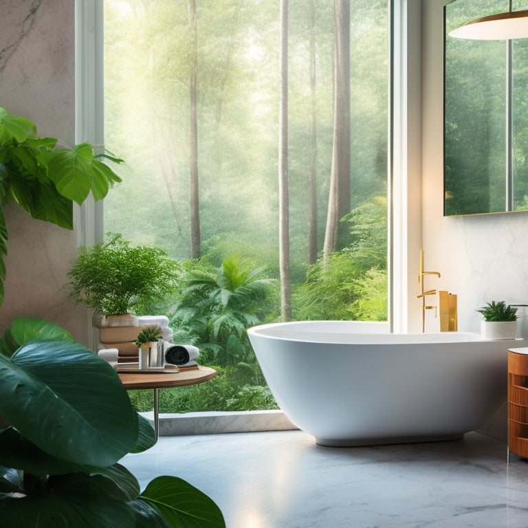 A serene, modern bathroom with a freestanding tub, rainfall showerhead, and marble countertops, surrounded by lush greenery and soft, warm lighting, evoking a sense of relaxation and rejuvenation.